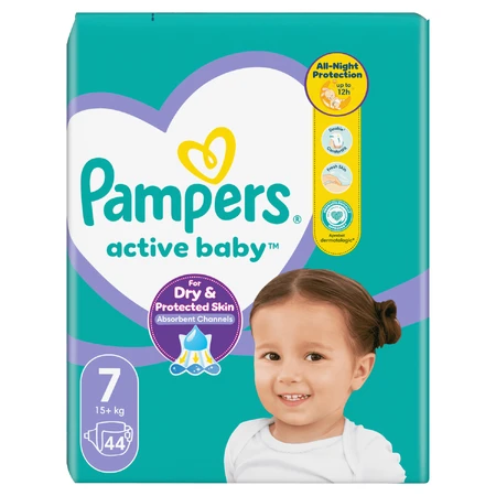 Pampers Active Baby, couches, taille 7, plus de 15 kg, 44 pièces