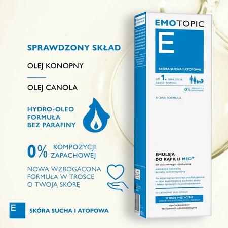 Emotopic, émulsion de bain med+ à partir du 1er jour, peau sèche et atopique, 400 ml