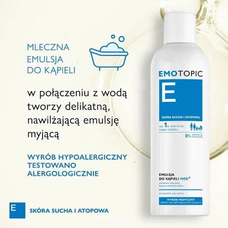 Emotopic, émulsion de bain med+ à partir du 1er jour, peau sèche et atopique, 400 ml