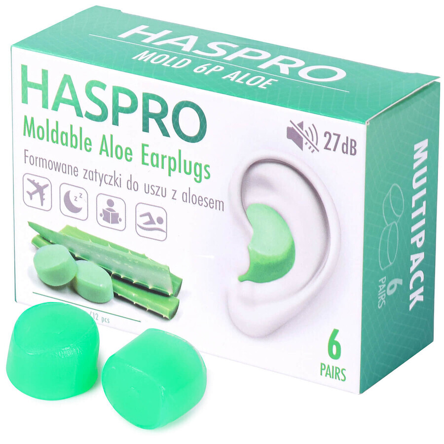 Haspro, voorgevormde oordopjes met aloë vera, 12 stuks