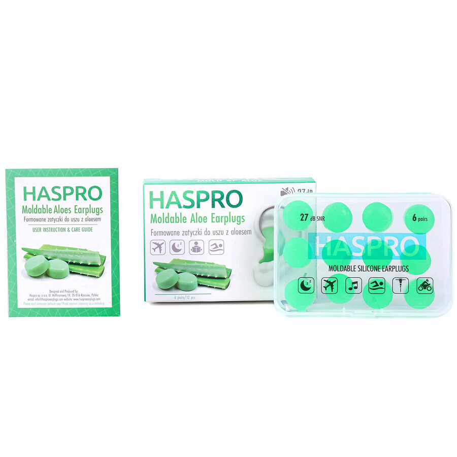 Haspro, voorgevormde oordopjes met aloë vera, 12 stuks