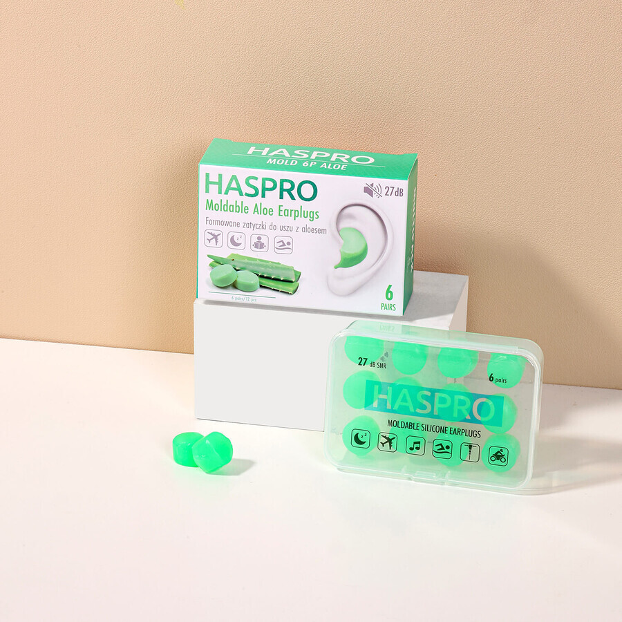 Haspro, voorgevormde oordopjes met aloë vera, 12 stuks