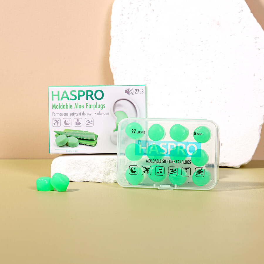 Haspro, voorgevormde oordopjes met aloë vera, 12 stuks