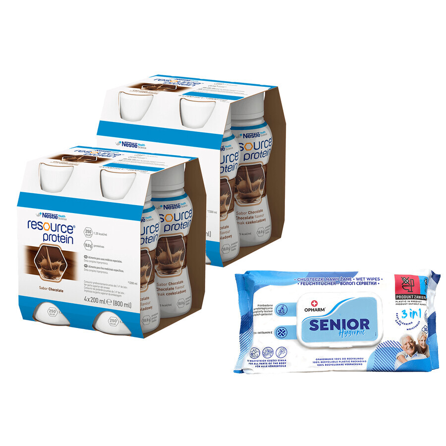 Set Resource Protein, nutritional formula, chocolate flavor, 8 x 200 ml + Opharm Senior Hygienic 3-in-1, wet wipes, 72 free of charge
