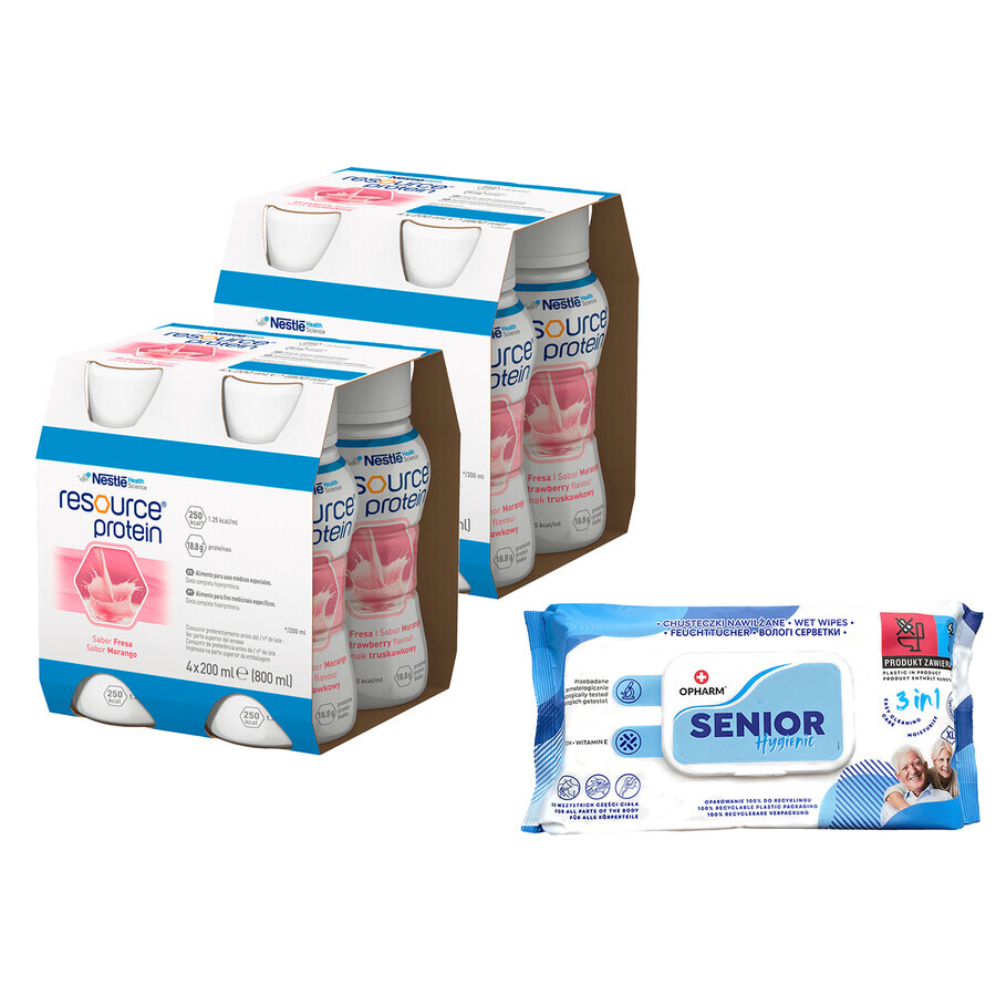 Set Resource Protein, nutritional formula, strawberry flavor, 8 x 200 ml + Opharm Senior Hygienic 3-in-1, wet wipes, 72 pieces free