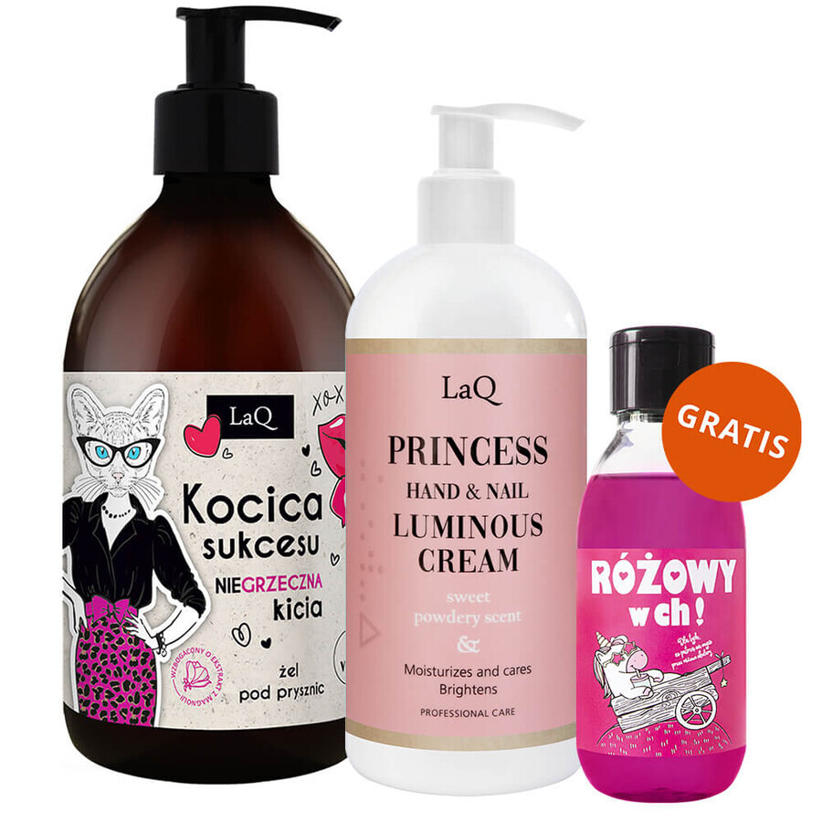 LaQ set, hand and nail cream, Princess, 300 ml + shower gel, magnolia and pink pepper, 500 ml + shower gel, Pink in the ch!, 100 ml gratis