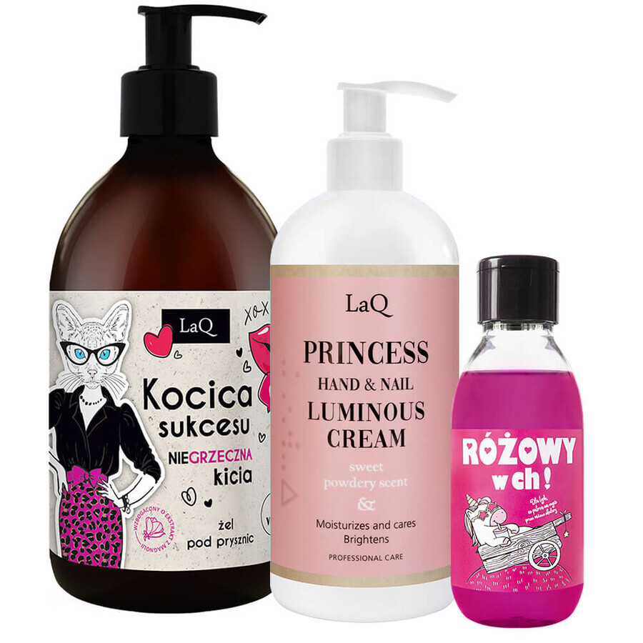 LaQ set, hand and nail cream, Princess, 300 ml + shower gel, magnolia and pink pepper, 500 ml + shower gel, Pink in the ch!, 100 ml gratis