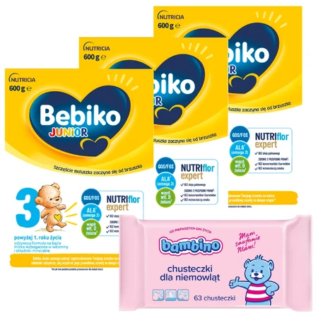 Set Bebiko Junior 3 Nutriflor Expert, leche maternizada nutritiva, más de 1 año, 3 x 600 g + Bambino, toallitas húmedas, desde el nacimiento, 63 gratis