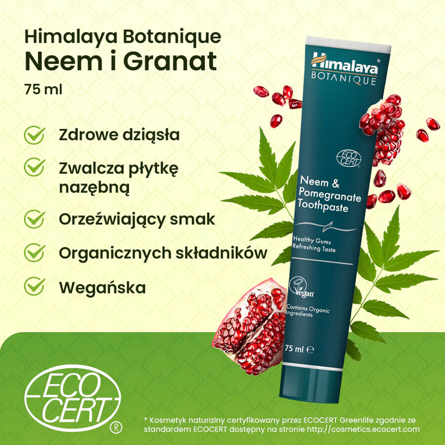Himalaya Botanique, toothpaste, neem and pomegranate, 75 ml