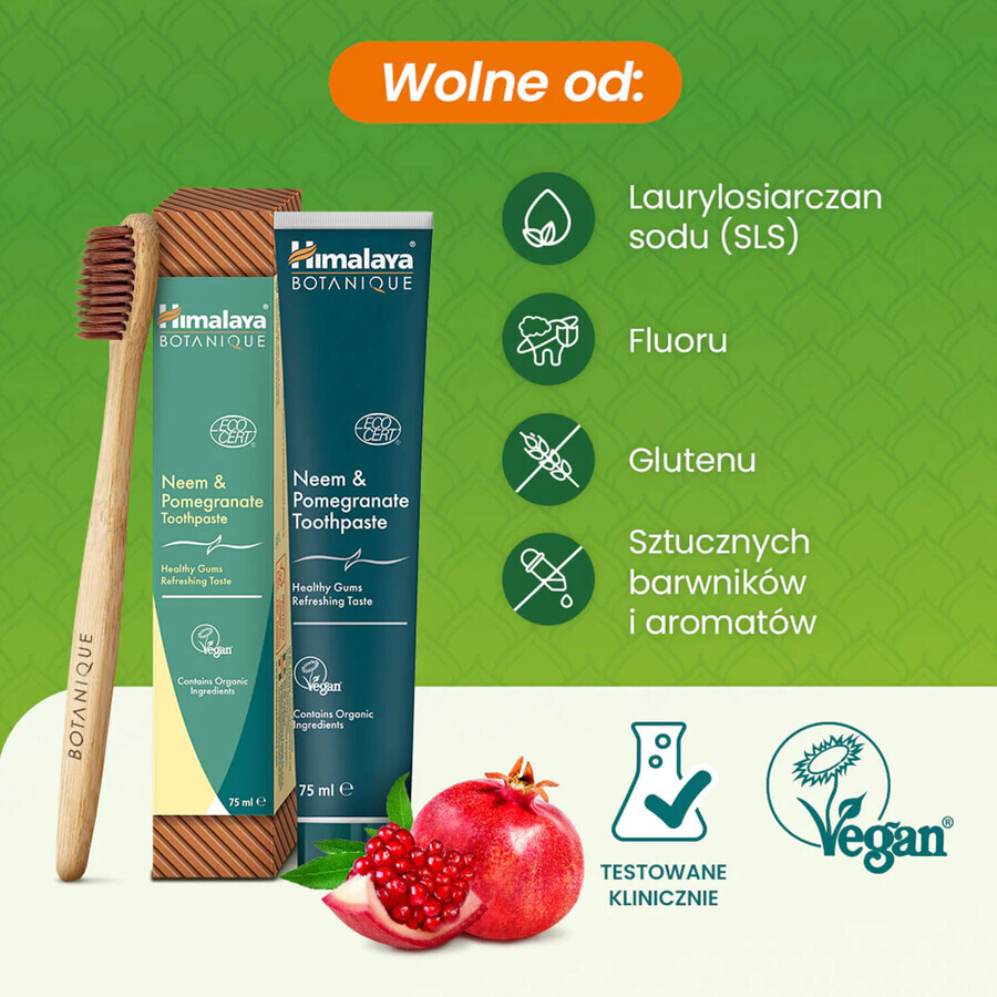 Himalaya Botanique, toothpaste, neem and pomegranate, 75 ml