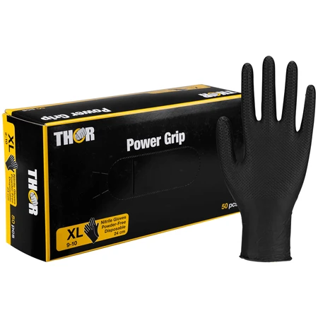 Thor Power Grip, nitril handschoenen, niet-steriel, poedervrij, zwart, maat XL, 50 stuks