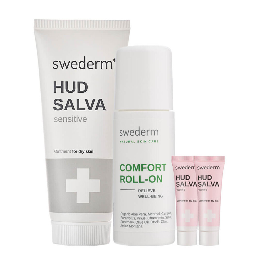 Set Swederm Hudsalva Sensitive, stark fettende Salbe, trockene Haut, 100 ml + Swederm Comfort Roll, 60 ml + Hudsalva Salbe mit Vitamin E, 2 x 8 ml gratis