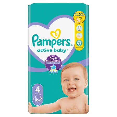 Pampers Active Baby, diapers, size 4, 9-14 kg, 62 pieces