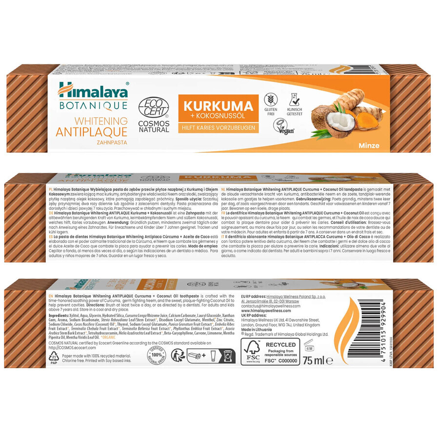 Himalaya Botanique, whitening paste, turmeric and coconut oil, fluoride free, 75 ml.