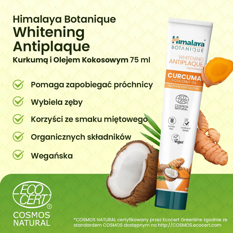 Himalaya Botanique, whitening paste, turmeric and coconut oil, fluoride free, 75 ml.