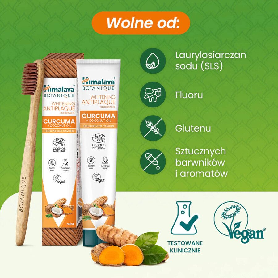 Himalaya Botanique, whitening paste, turmeric and coconut oil, fluoride free, 75 ml.