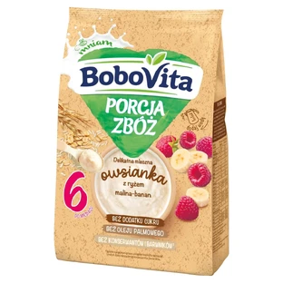 BoboVita Porcja Zbóż Flocons d'avoine lactés au riz, framboise-banane, sans sucre ajouté, après 6 mois, 210 g
