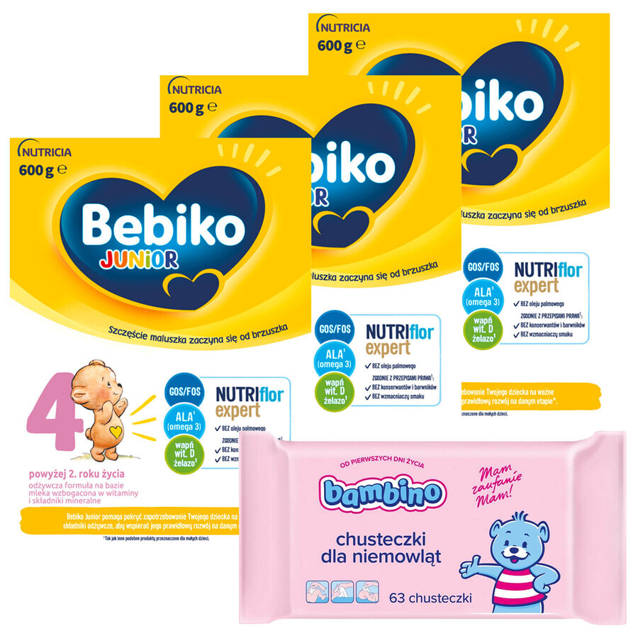 Set Bebiko Junior 4 Nutriflor Expert, formulă nutritivă pe bază de lapte, peste 2 ani, 3 x 600 g + Bambino, șervețele umede, de la naștere, 63 bucăți gratuit