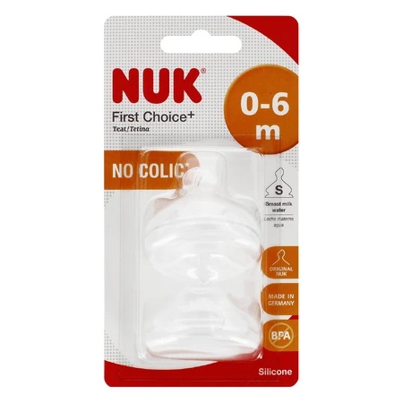 NUK First Choice+, flessenspeen, silicone, maat S, 0-6 maanden, 2 stuks
