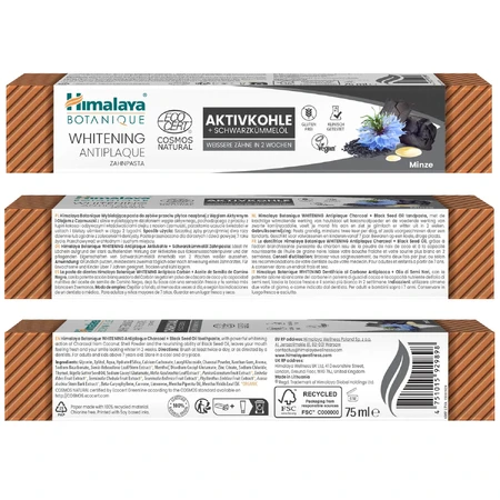 Himalaya Botanique, whitening tandpasta, actieve kool en nigella-olie, fluoridevrij, 75 ml