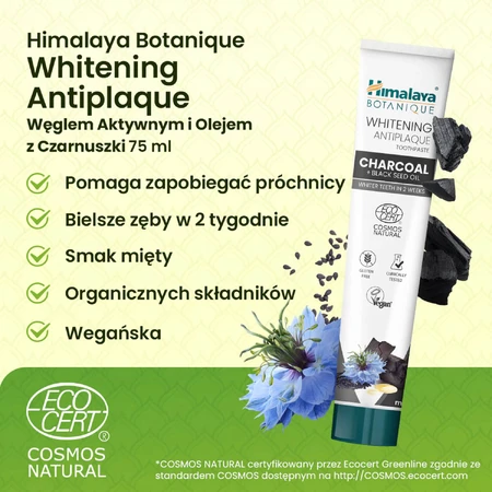 Himalaya Botanique, whitening tandpasta, actieve kool en nigella-olie, fluoridevrij, 75 ml