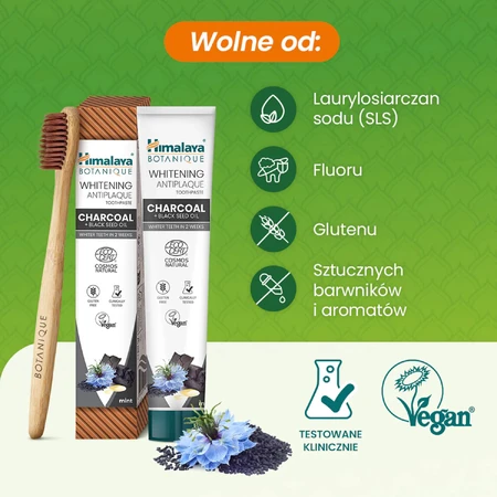 Himalaya Botanique, whitening tandpasta, actieve kool en nigella-olie, fluoridevrij, 75 ml