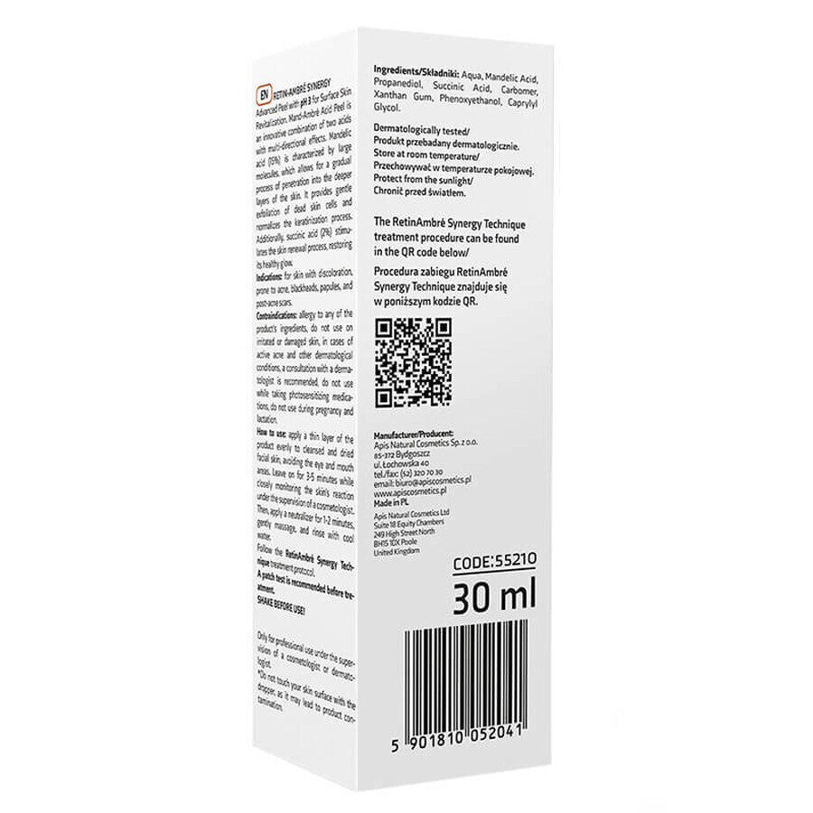 Apis Professional Retin Ambre Synergy, peeling acido, acido mandelico 15% + acido succinico 2%, 30 ml
