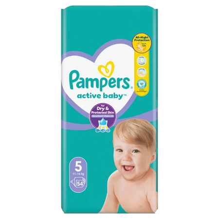 Pampers Active Baby, pañales, talla 5, 11-16 kg, 54 pzs