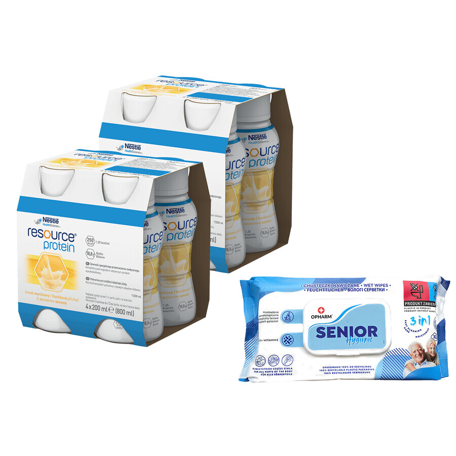 Set Resource Protein, nutritional formula, vanilla flavor, 8 x 200 ml + Opharm Senior Hygienic 3-in-1, wet wipes, 72 pieces free