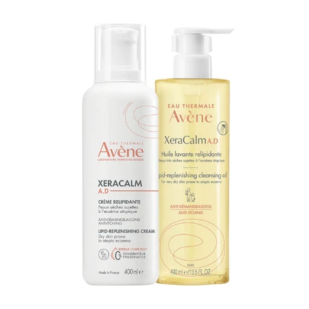 Avene XeraCalm A.D kit, rückfettende Creme für Gesicht und Körper, sehr trockene, atopische und juckende Haut, 400 ml + rückfettendes Reinigungsöl, 400 ml
