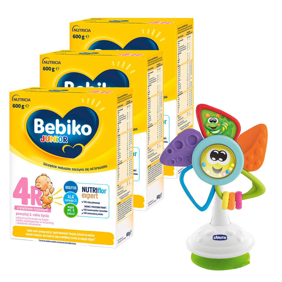 Set Bebiko Junior 4R Nutriflor Expert, préparation nutritive à base de lait avec du gruau de riz, plus de 2 ans, 3 x 600 g + Chicco, jouet sensoriel moulin à vent gratuit