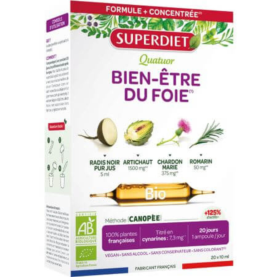 4 Hierbas para la salud orgánica del hígado, 20 ampollas x 10 ml, SuperDiet