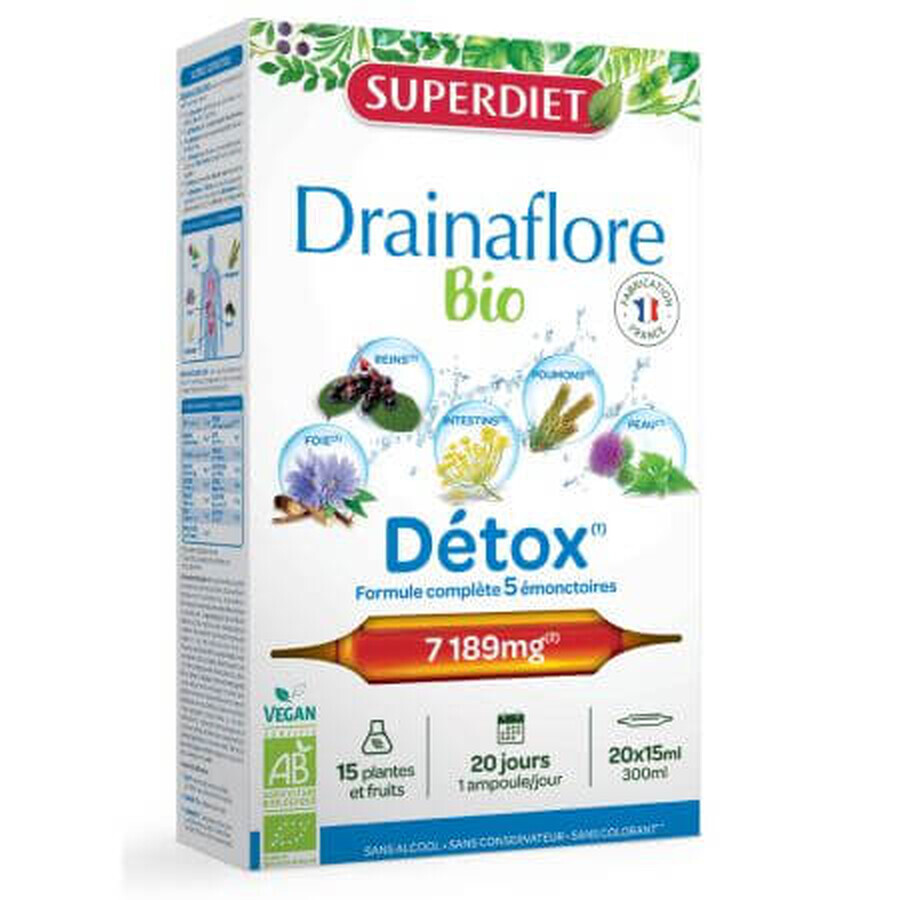 Drainaflore organic detoxifier, 20 vials x 15 ml, SuperDiet