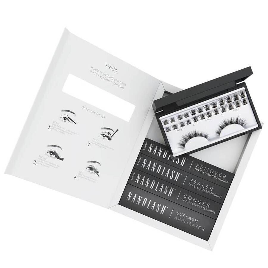 Nanolash DIY Extensions Starter Kit ciglia finte 10.12.14mm Harmony 36 pezzi + legante per ciglia, 5 ml + sigillante per ciglia, 5 ml + applicatore per ciglia, 1 pezzo + rimuovi ciglia, 5 ml