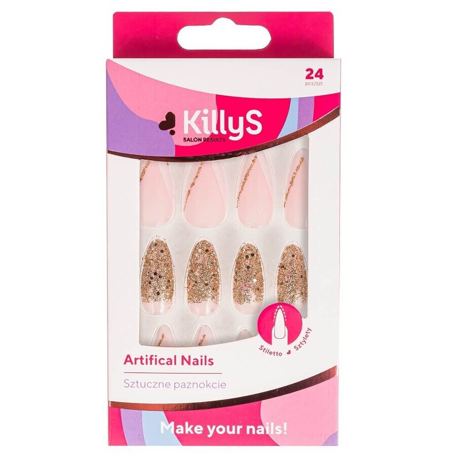 KillyS Artifical Nails Stiletto Golden Glitter French Artificial Nails, 24 pieces.