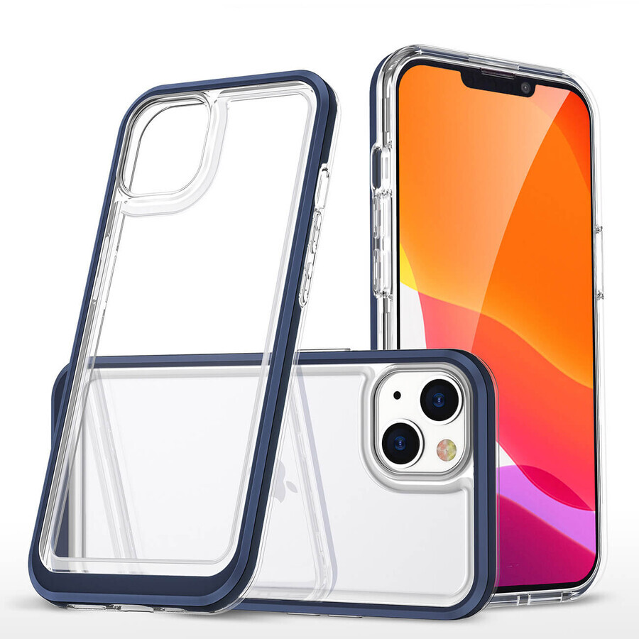 Funda de silicona transparente 3en1 iPhone 14 Plus con marco azul
