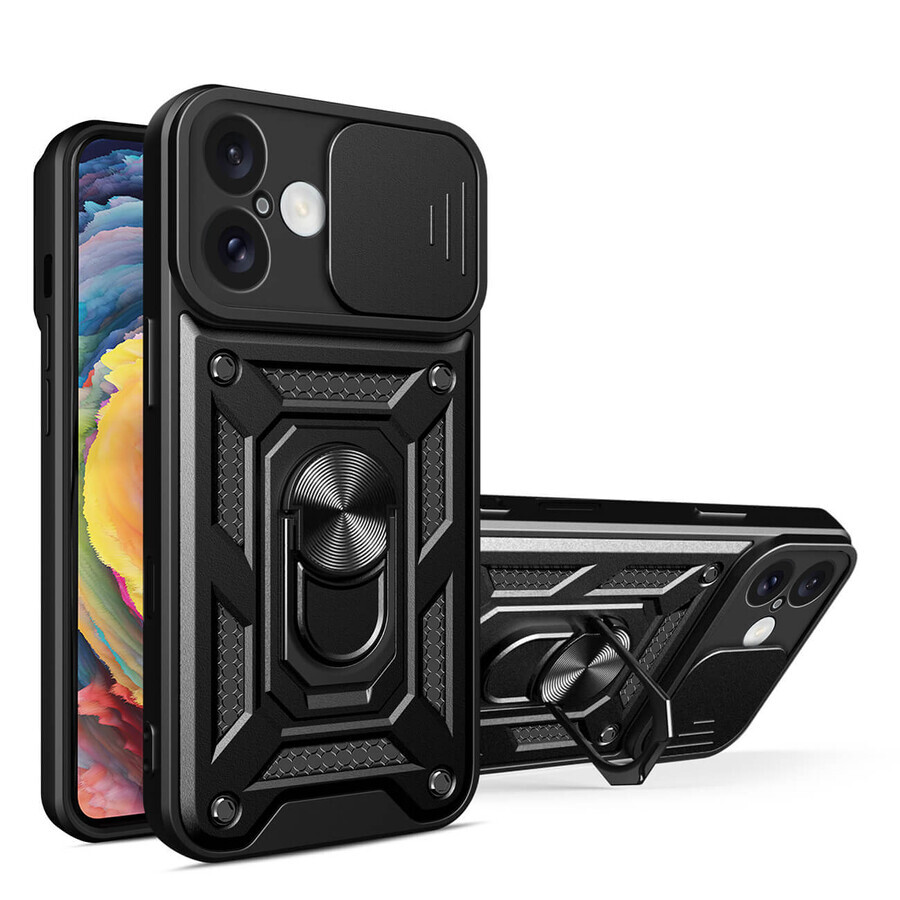 Custodia Hybrid Armor Camshield per iPhone 16 corazzata con cover per fotocamera con supporto - nero