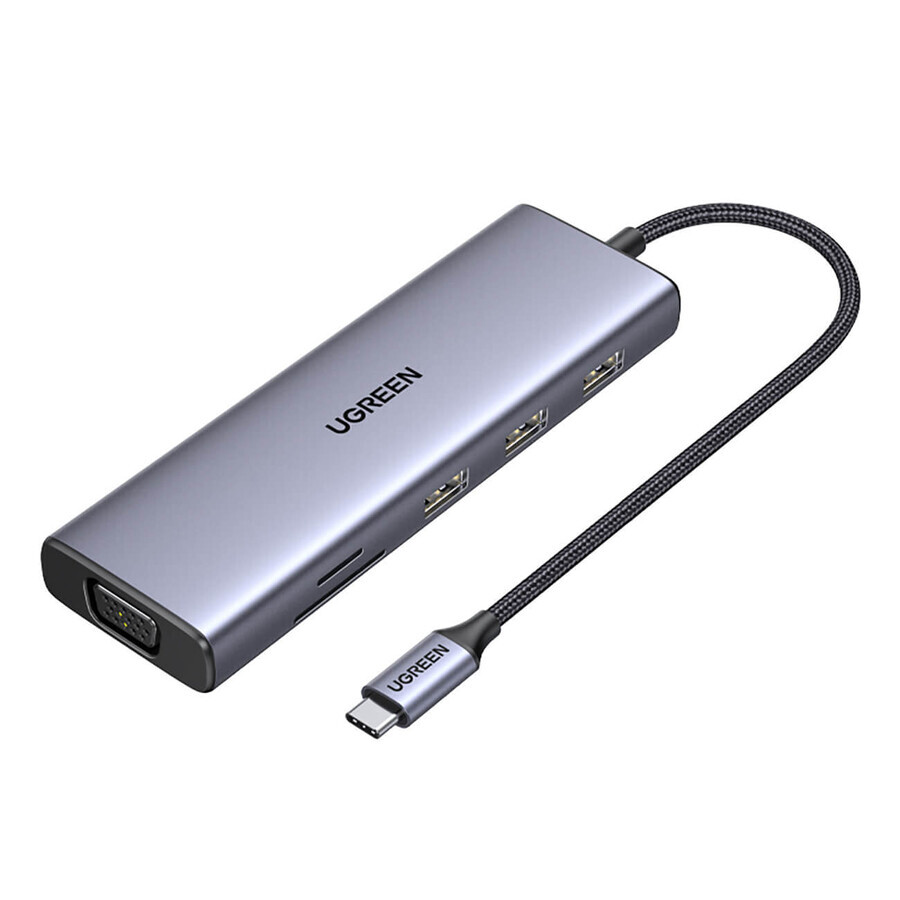 Ugreen CM498 15600 USB-C adapter - 3x USB-A 3.0 / HDMI / VGA / RJ45 / SD / TF card reader / USB-C PD - gray