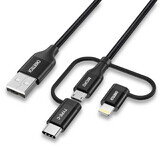 Choetech Cable USB 3 en 1 MFI Lightning / USB Tipo C / micro USB (carga 3A / transferencia de datos 480 Mbps) 1,2 m negro (IP0030-BK)