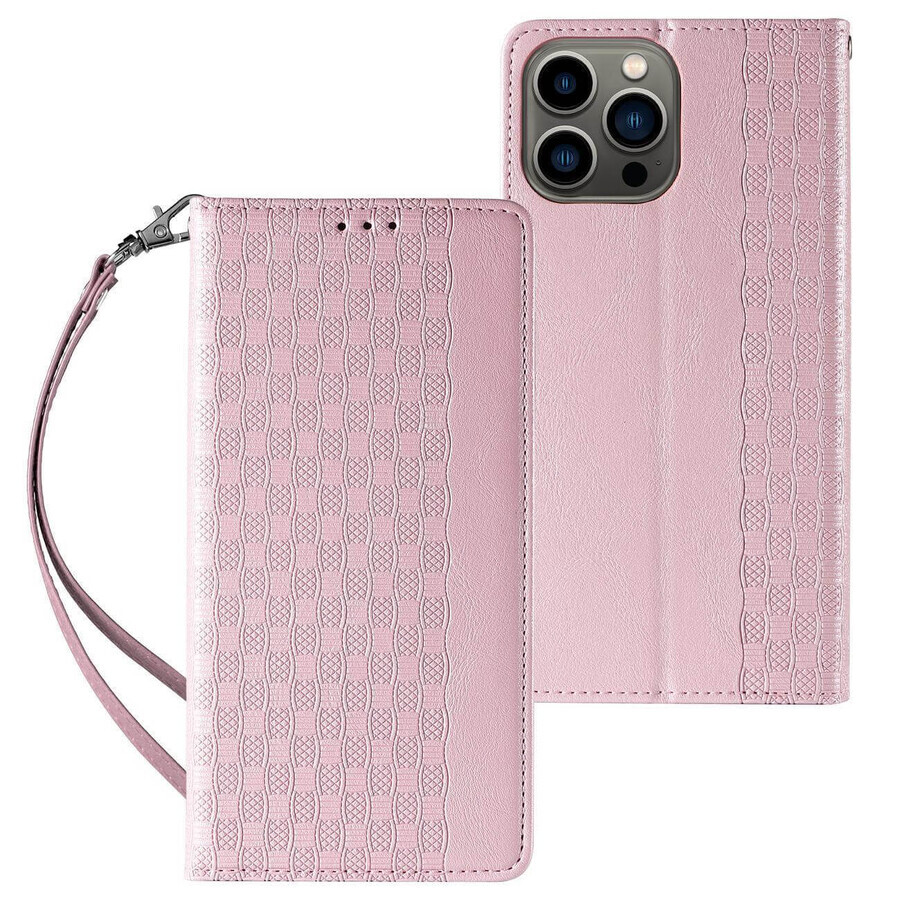 Funda con correa magnética para iPhone 13 Pro Max funda cartera + mini lanyard colgante rosa