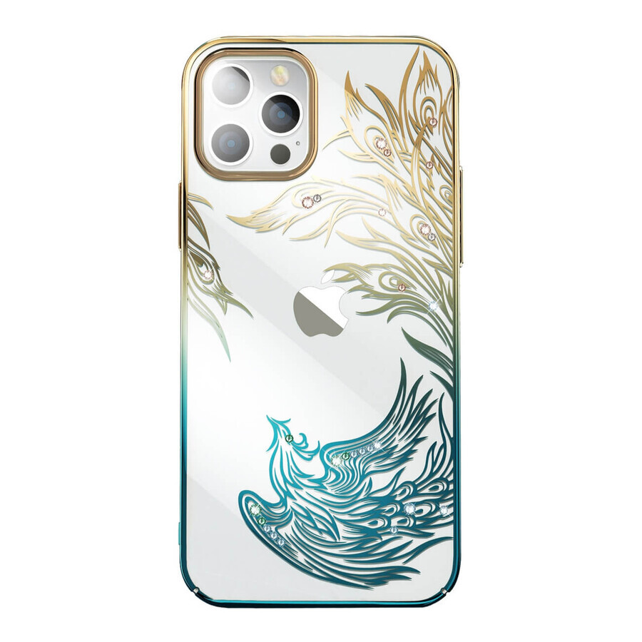 Luxuriöse iPhone 14 Hülle mit Kingxbar Phoenix Kristallen - gold und blau