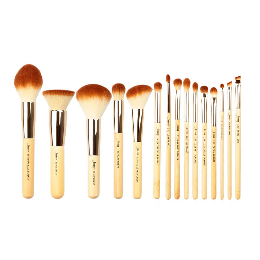 Jessup Mature Peeled Bamboo Makeup Brush Set T140, 15 pieces.