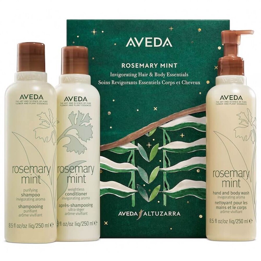 Aveda Set shampoo per capelli al rosmarino e menta, 250 ml + balsamo per capelli, 250 ml + gel lavamani e corpo, 250 ml