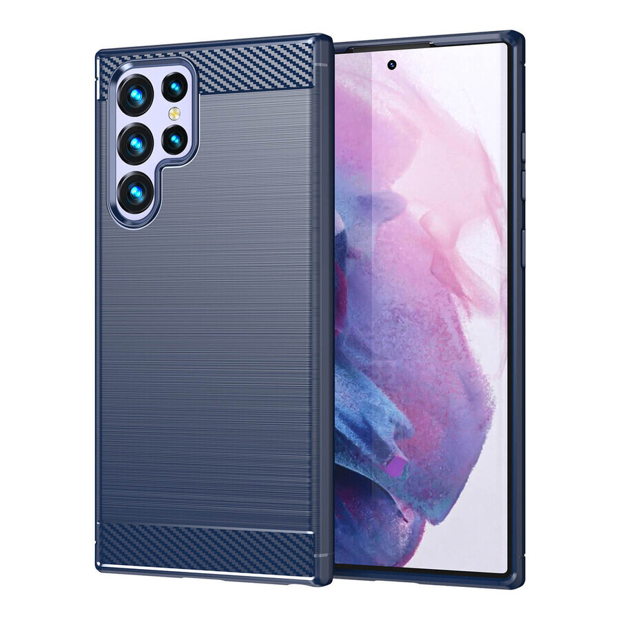 Carbon Hoesje Samsung Galaxy S23 Ultra flexibel siliconen carbon hoesje blauw