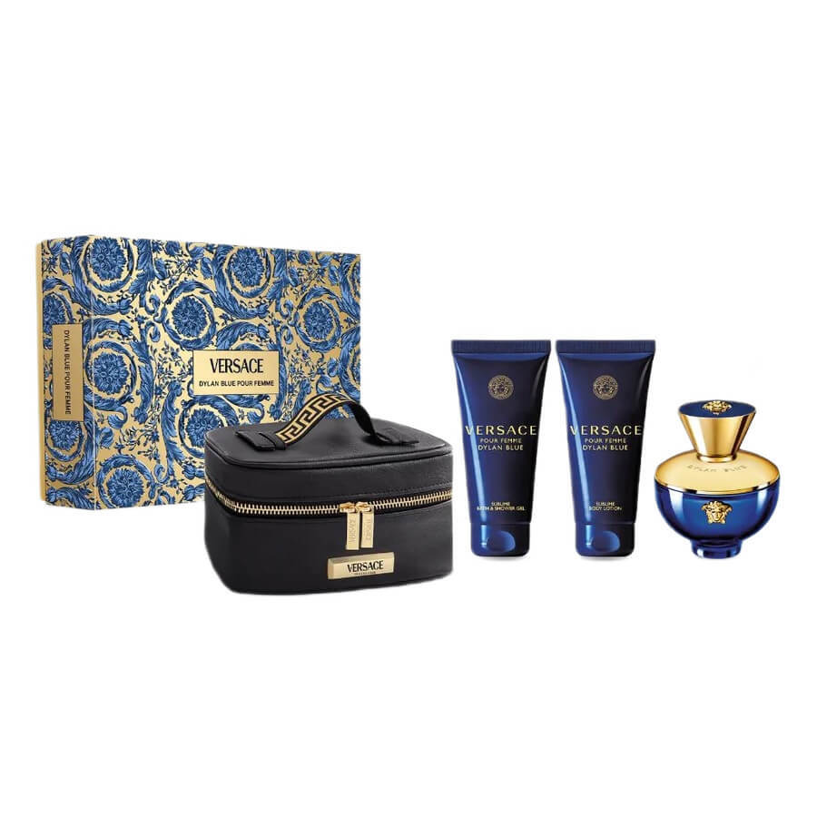 Shop Versace Dylan Blue Pour Femme Set Eau de Parfum, 100 ml + Duschgel, 100 ml + Körperlotion, 100 ml + Kosmetiktasche Versace Dylan Blue Pour Femme Set Eau de Parfum, 100 ml + Duschgel, 100 ml + Körperlotion, 100 ml + Kosmetiktasche