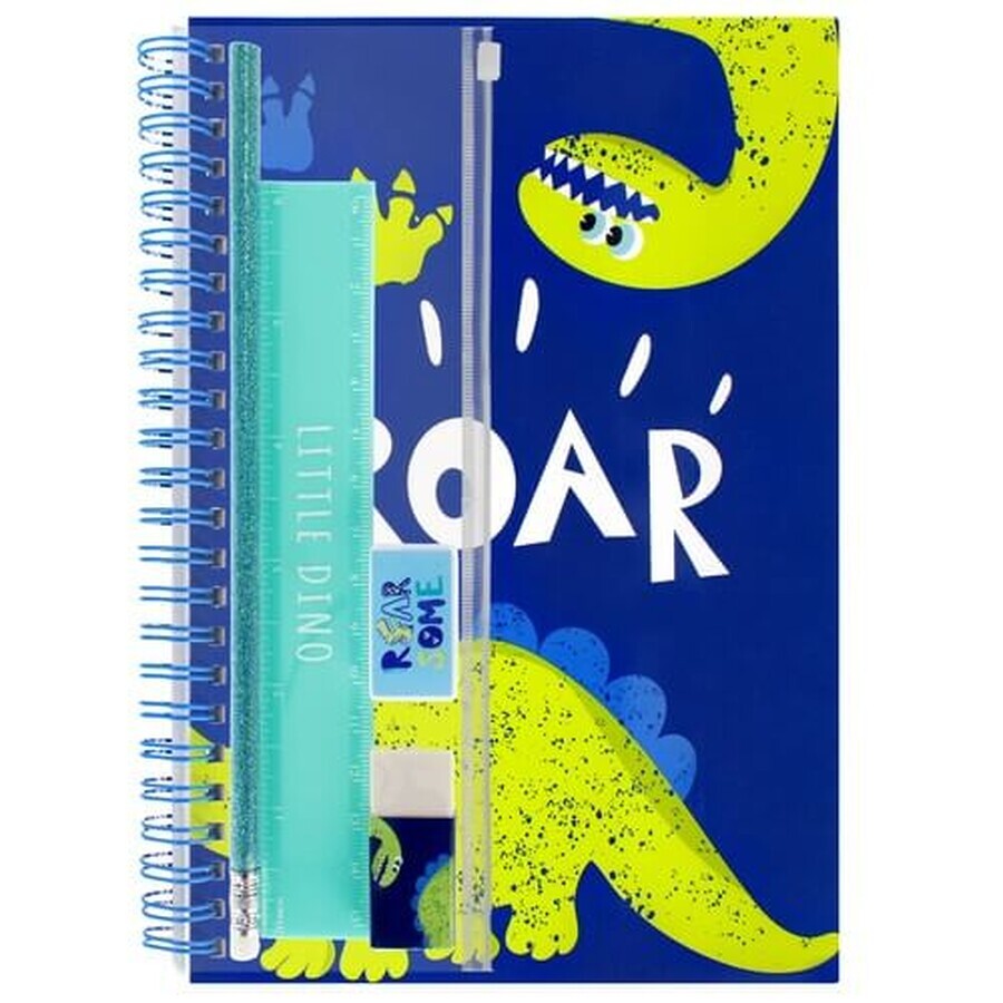 Kit scuola Dino quaderno a spirale A5 gomma temperamatite righello 15cm