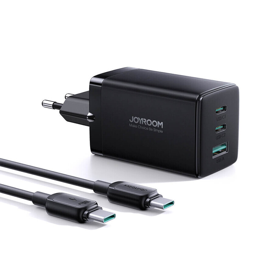 Joyroom GaN 65W USB-A snellader, 2x USB-C zwart + USB-C - USB-C 100W kabel 1,2m (TCG01)