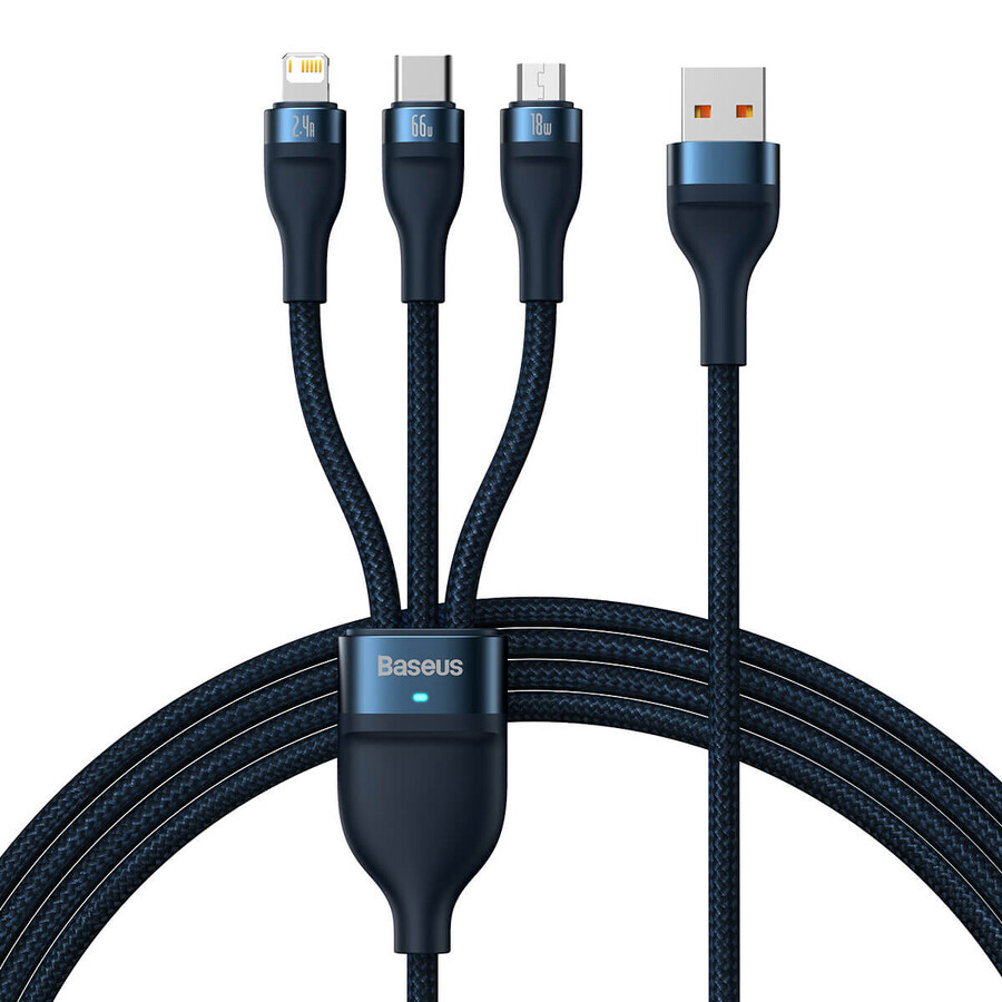 Baseus Flash Serie Ⅱ 3-in-1 USB-A zu USB-C / Micro-USB / Lightning Schnellladekabel 66W 480Mbps 1.2m blau
