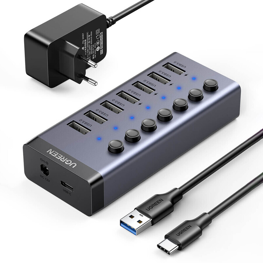 Ugreen Multifunktions-HUB 7in1 USB Typ C - 7x USB Typ A 3.0 PD DC 12V Grau (CM481)