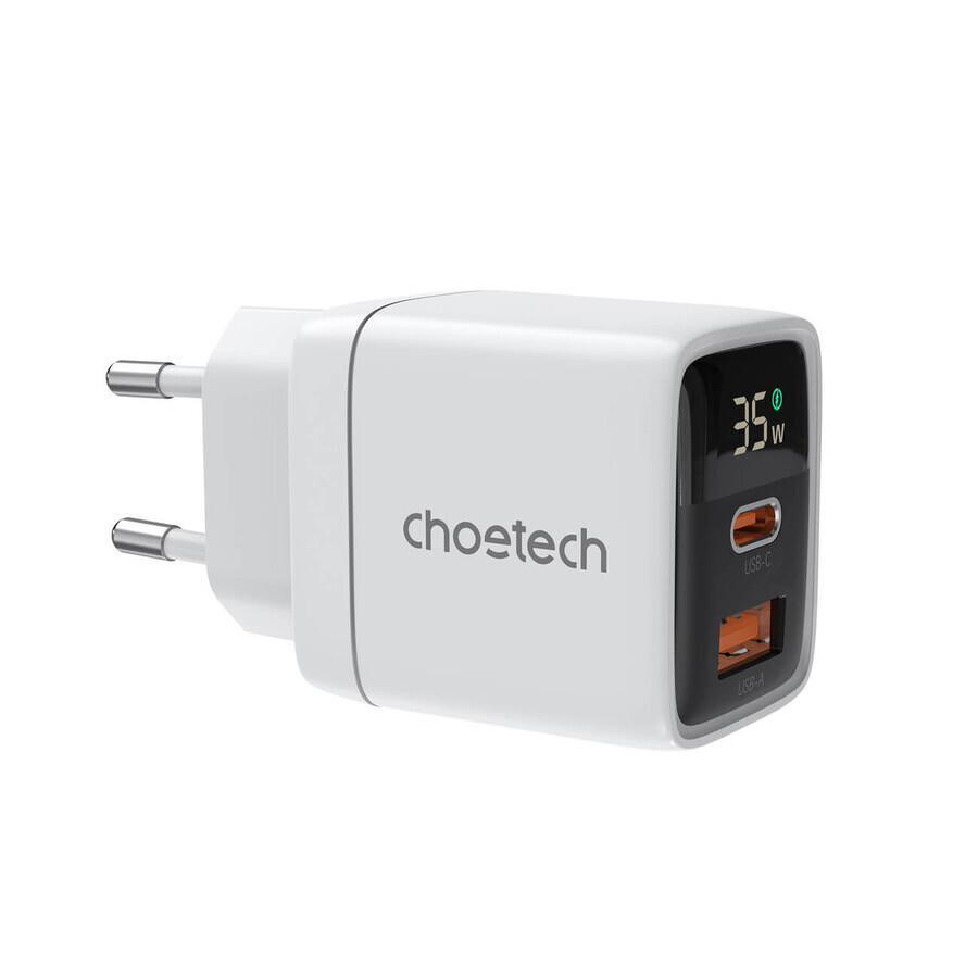 Choetech PD6052 USB-C USB-A PD 35W GaN mains charger with display - white